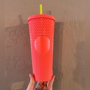 Starbucks Textured Tumbler with Straw Coral Pink Yellow Straw 24oz